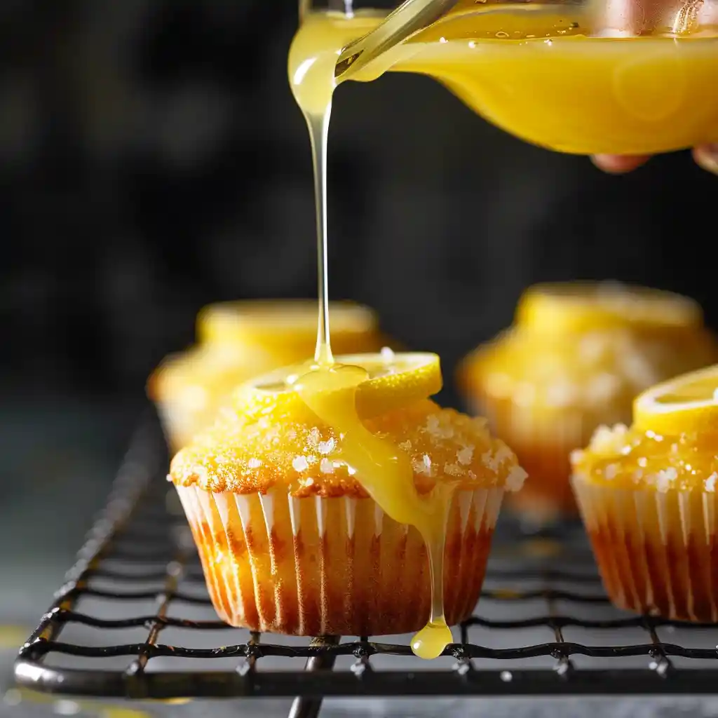 Pouring drizzle on Lemon Drizzle Cupcakes