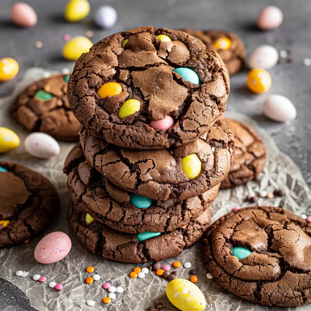 mini egg chocolate cookies stacked