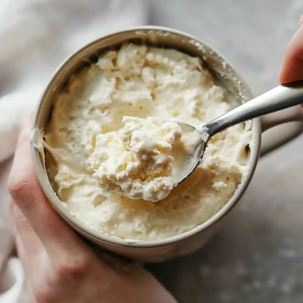 mixing coconut cottage cheese mug cake batter