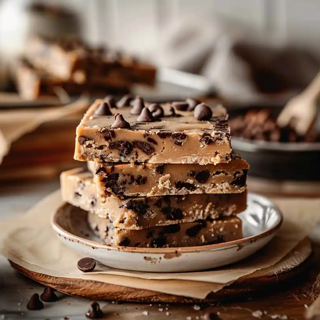 protein bar chocolate chip cookie dough bars stacked