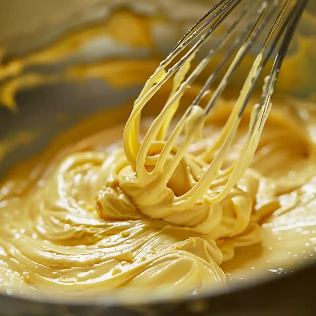 mixing batter for yellow sheet cake with chocolate frosting