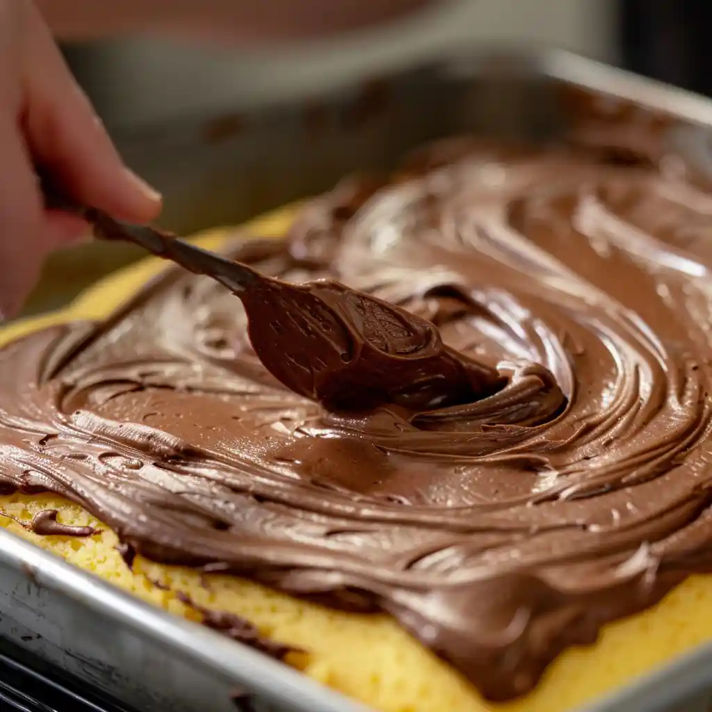 frosting yellow sheet cake with chocolate frosting