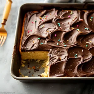 yellow sheet cake with chocolate frosting in pan