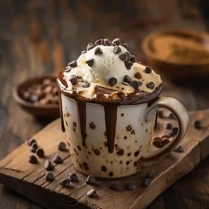 chocolate chip cookie cake in a mug with melted chocolate chips