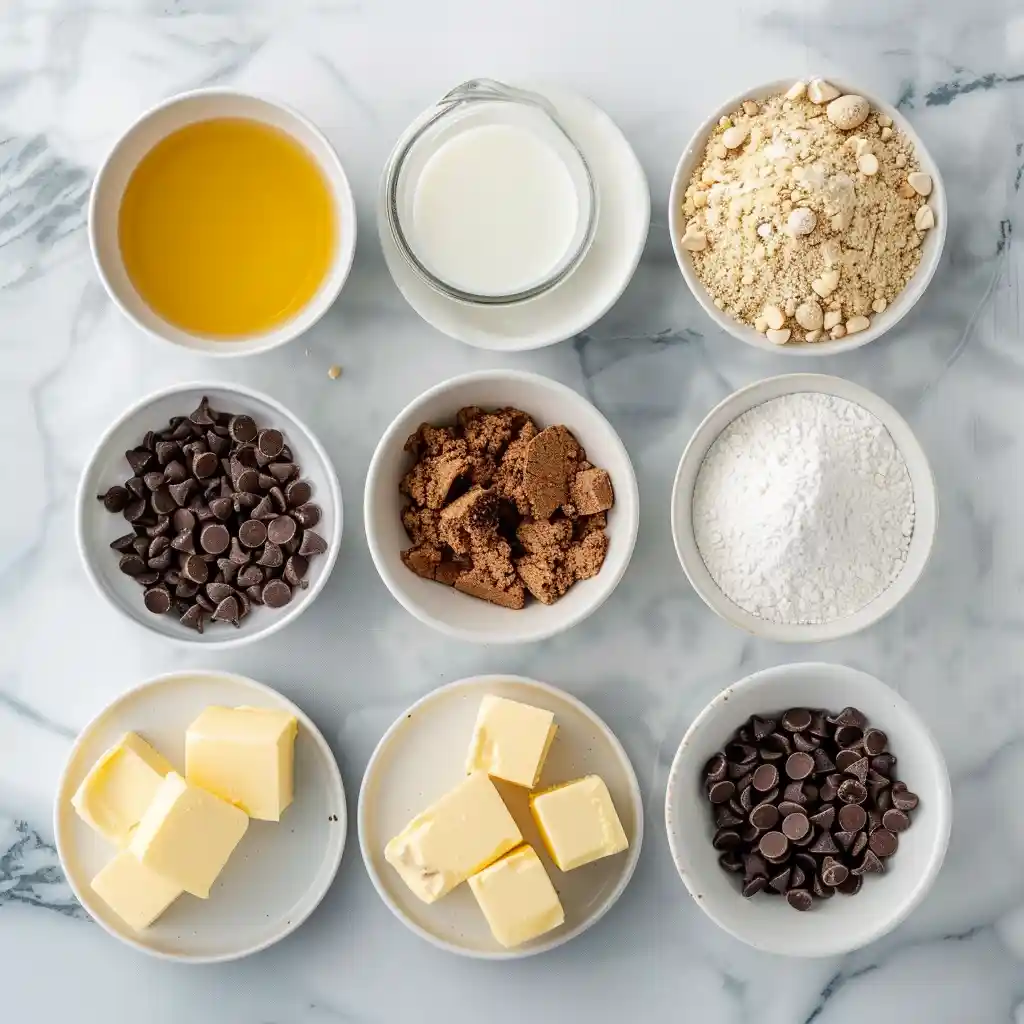 ingredients for chocolate chip cookie cake in a mug