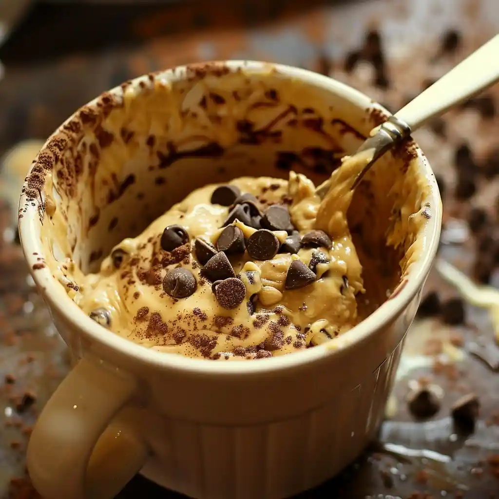 mixing chocolate chip cookie cake in a mug batter