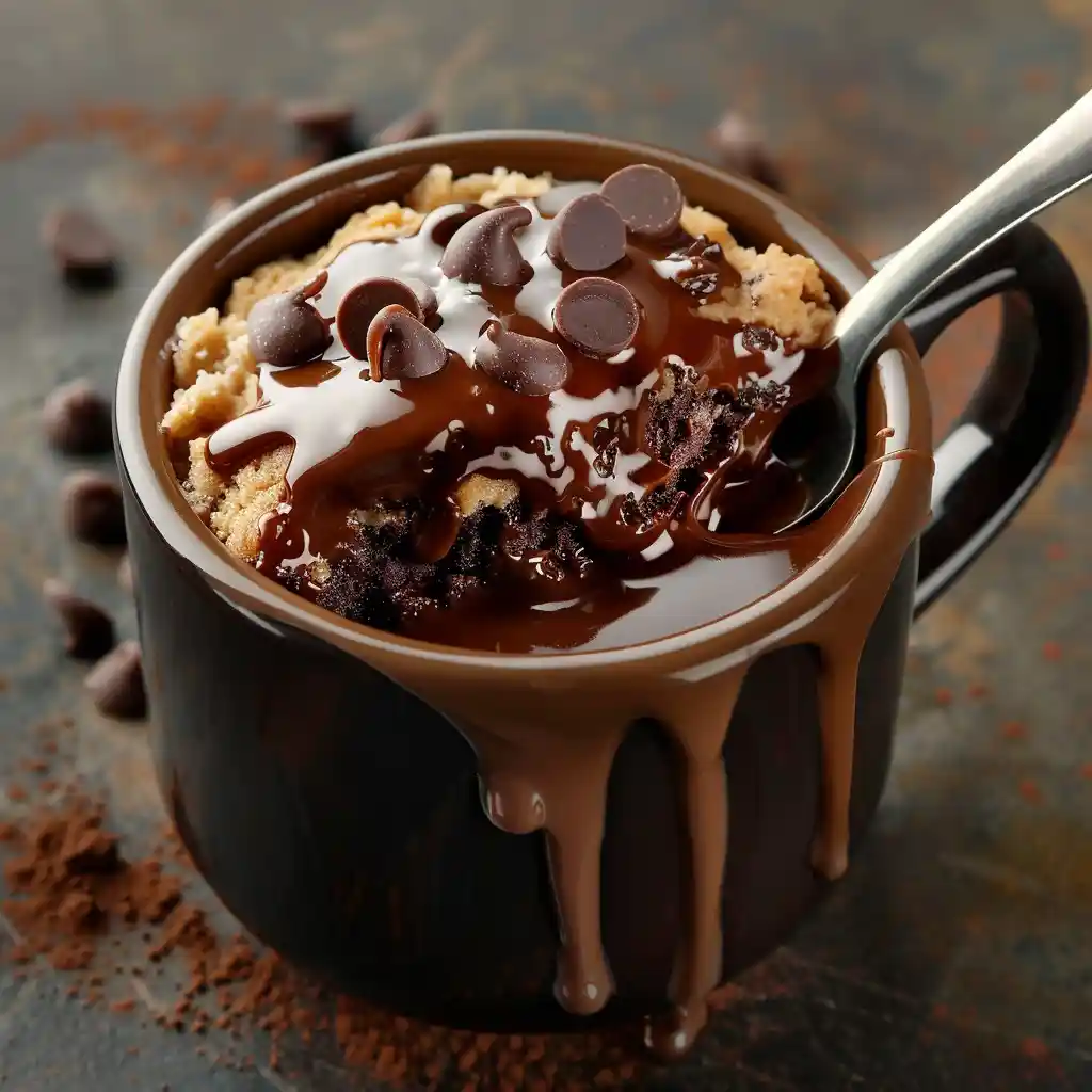 finished chocolate chip cookie cake in a mug