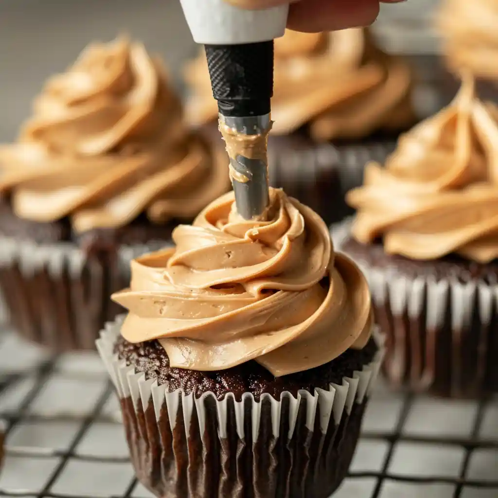 frosting chocolate cupcakes peanut butter frosting piping