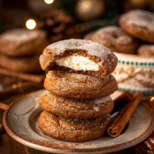 gingerbread cheesecake cookies stacked with creamy filling