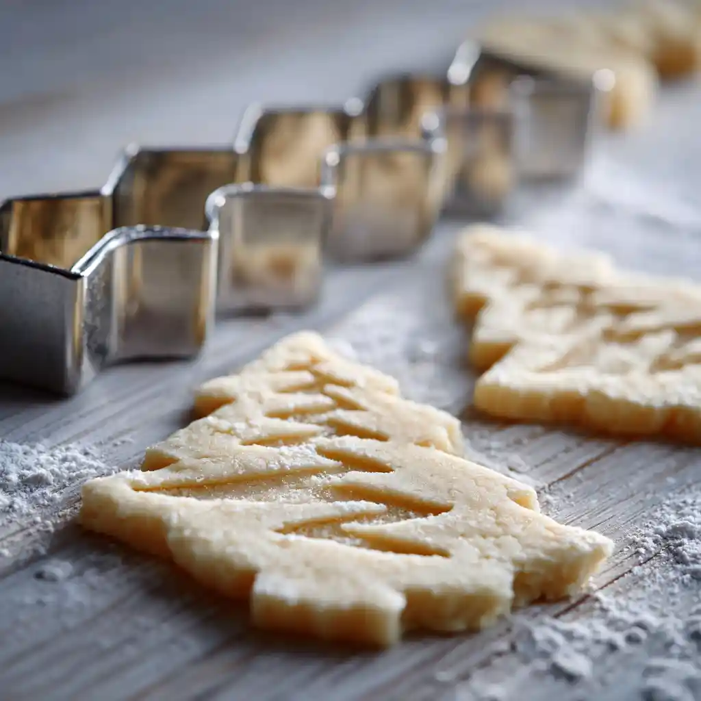 cutting mini christmas tree cookie dough shapes