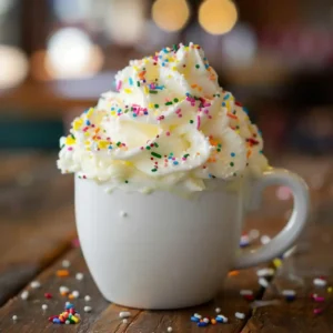 white cake in a mug with whipped cream
