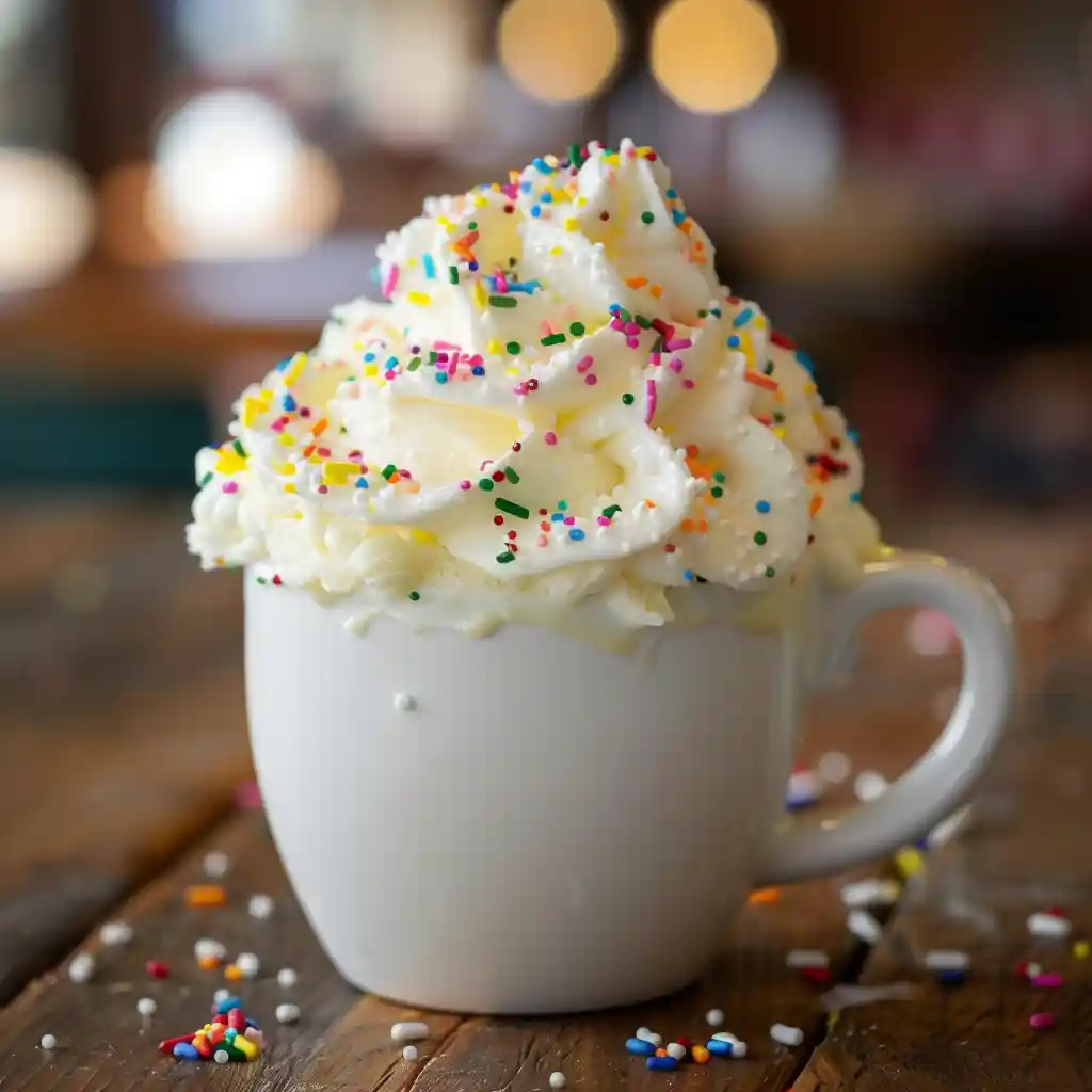 white cake in a mug with whipped cream