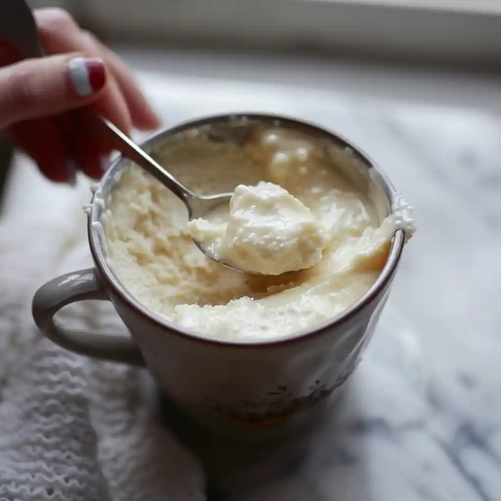 mixing white cake in a mug batter