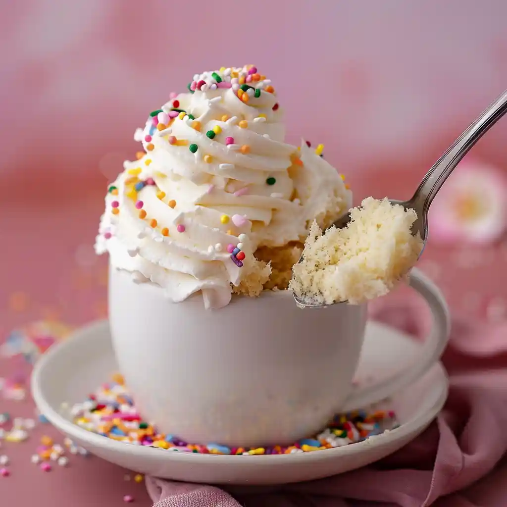 finished white cake in a mug