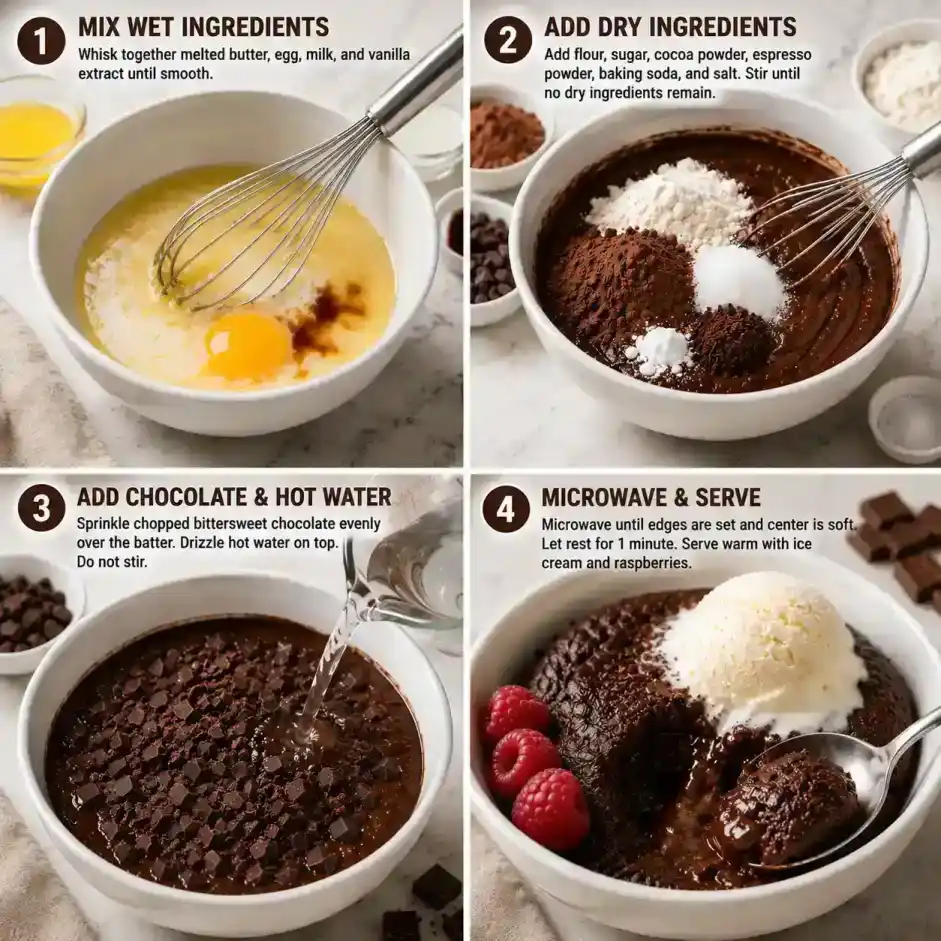 Step-by-step collage showing how to make Microwave Chocolate Lava Cake Bowl Recipe For Two from mixing the batter to serving the gooey molten chocolate dessert.