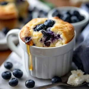 Blueberry Cottage Cheese Mug Cake served warm in a mug