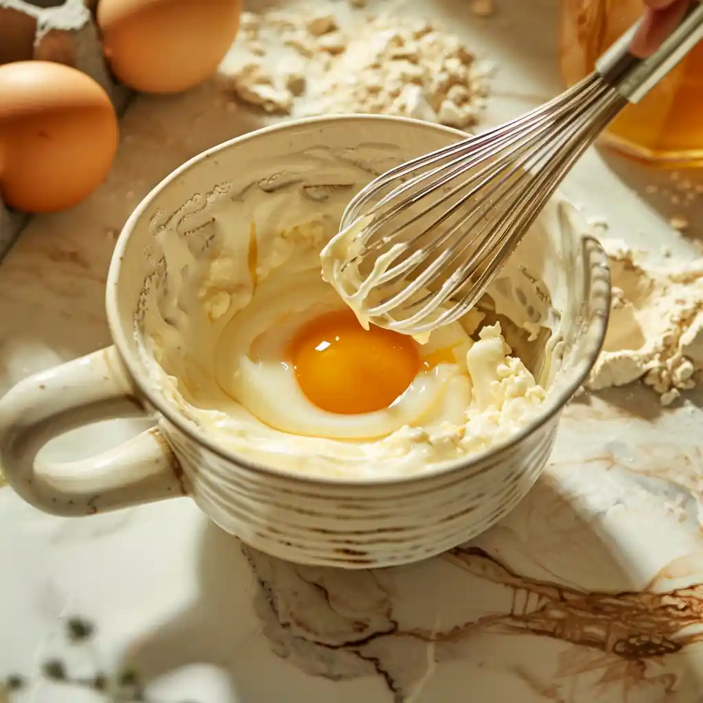 Mixing batter for Blueberry Cottage Cheese Mug Cake