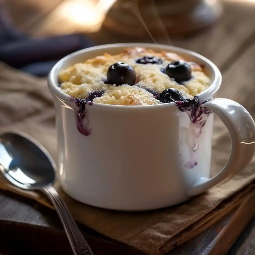 Freshly cooked Blueberry Cottage Cheese Mug Cake