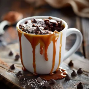 Chocolate Caramel Mug Cake with gooey caramel center