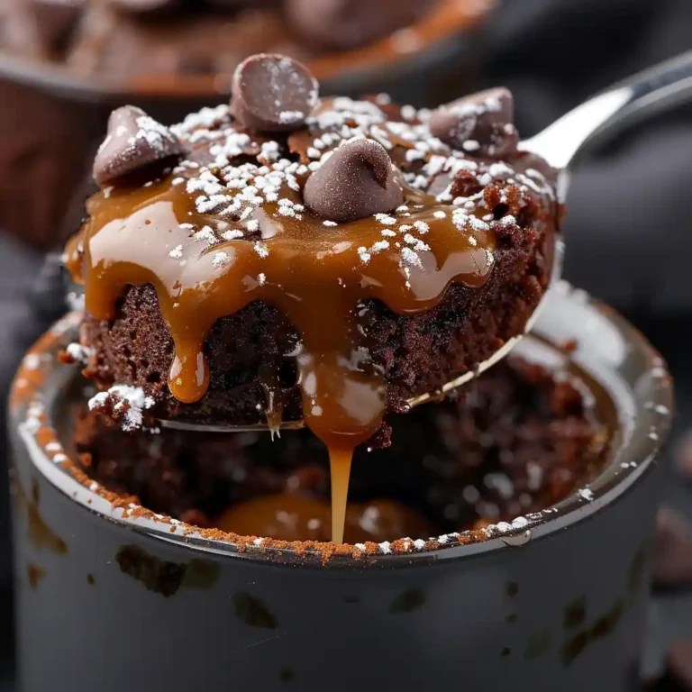 Chocolate Caramel Mug Cake spoonful with melted caramel