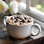 Chocolate Chip Blondie Mug Cake in a mug with melted chocolate chips