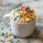 Cottage Cheese Birthday Cake Mug Cake in a mug with rainbow sprinkles