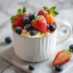 Cottage Cheese Cheesecake Mug Cake with fresh berries