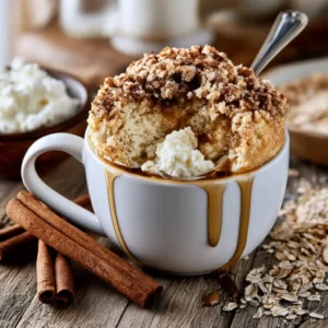 Cottage Cheese Coffee Cake Mug Cake with cinnamon crumble