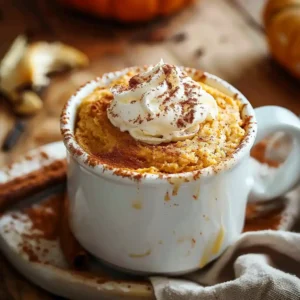 Cottage Cheese Pumpkin Mug Cake in a mug with whipped cream
