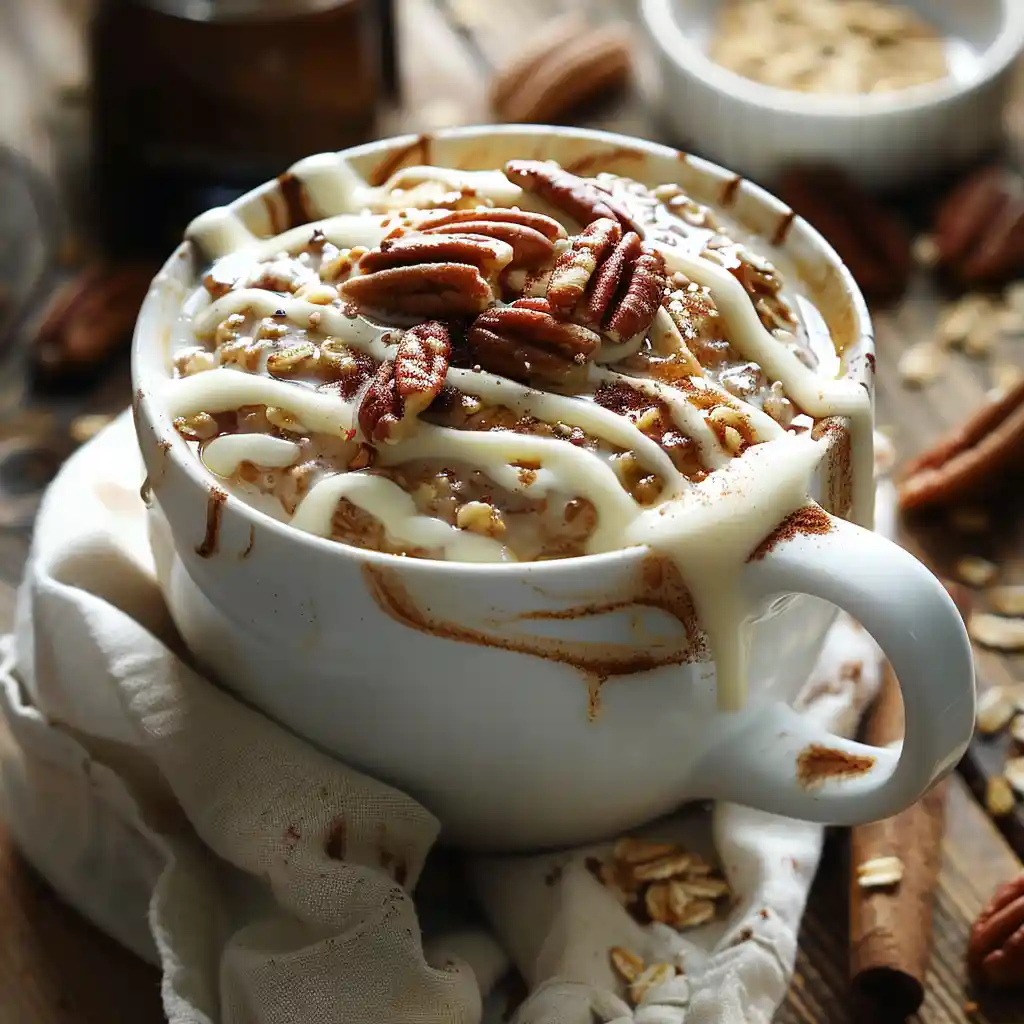 Microwave Cinnamon Roll Oatmeal in a Mug with cream cheese glaze