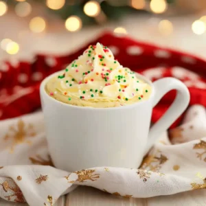Microwave Mug Sugar Cookie Recipe served with vanilla buttercream and sprinkles