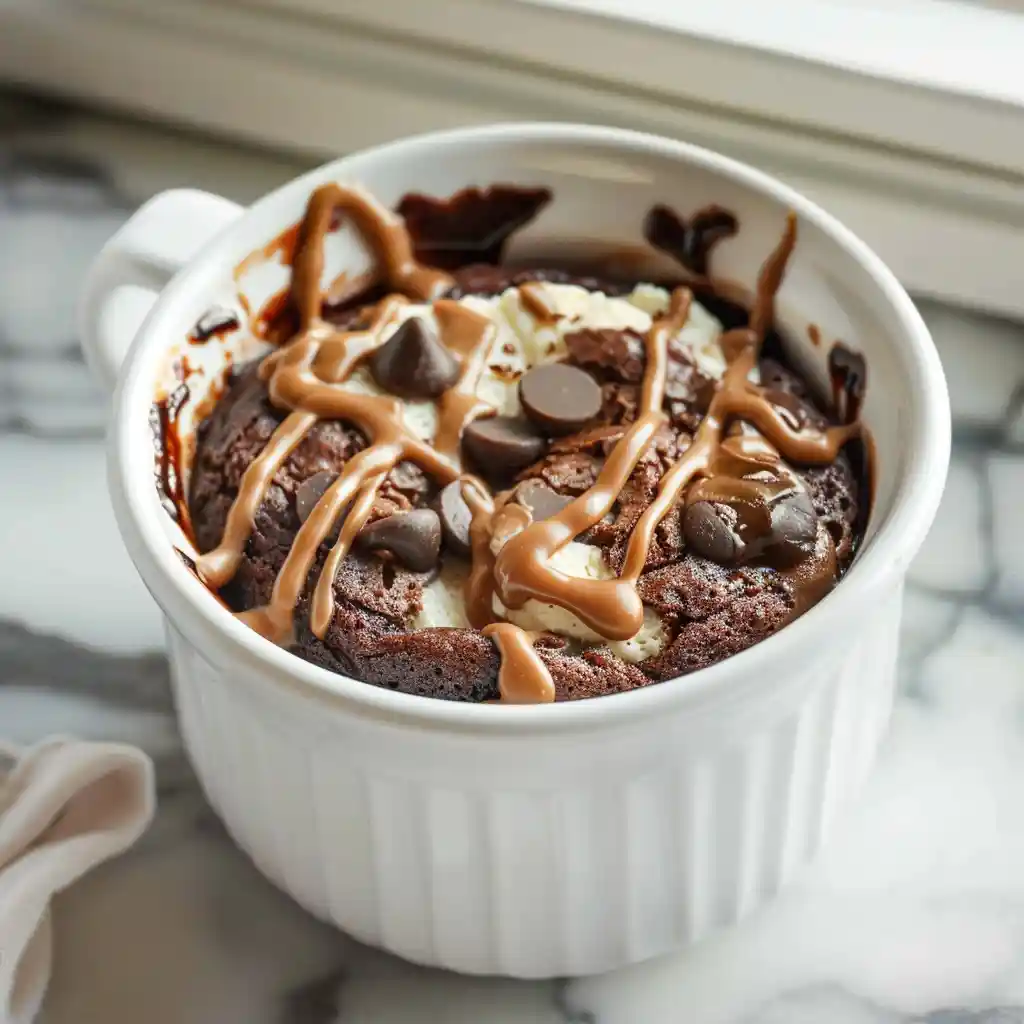 Peanut Butter Cottage Cheese Mug Cake with chocolate chips