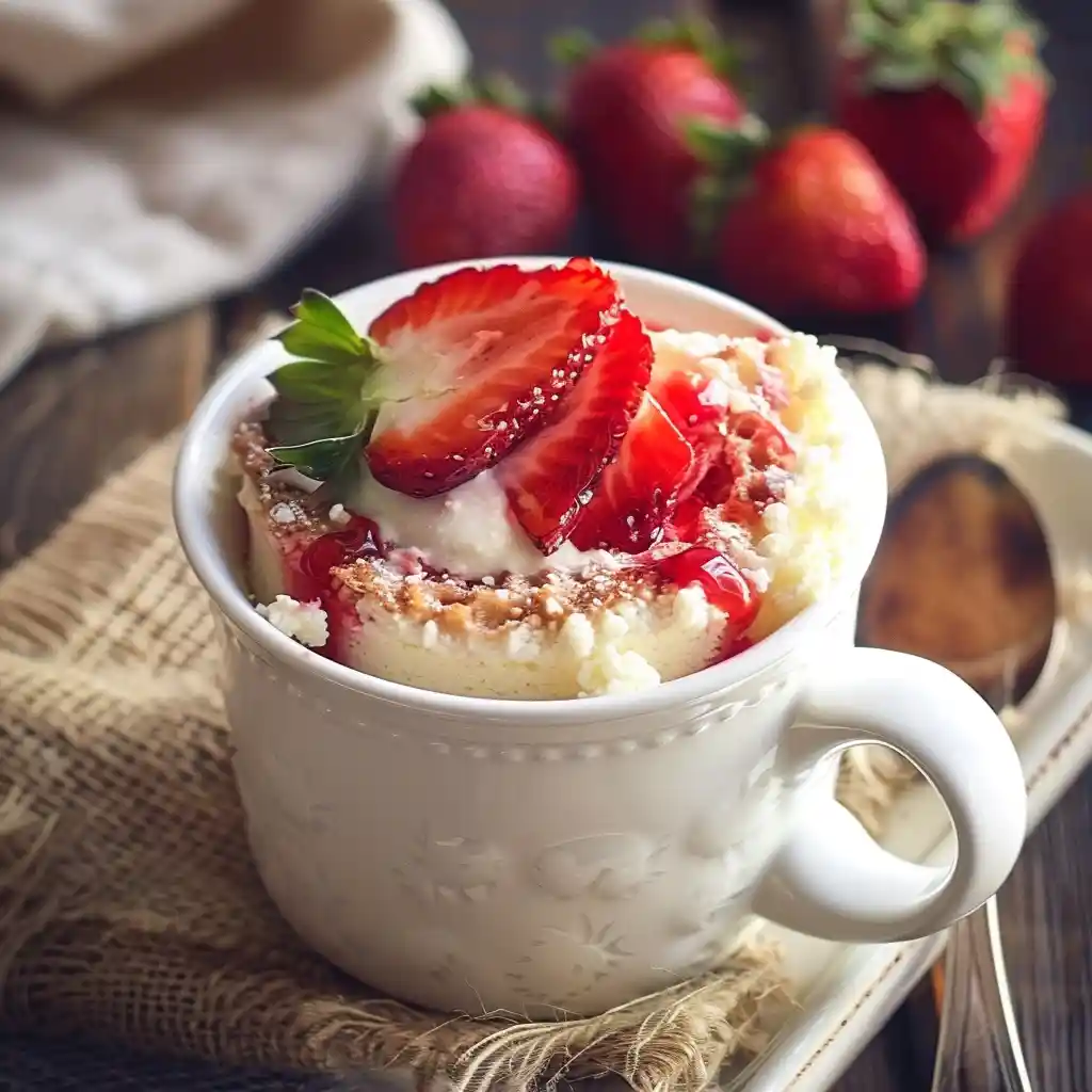 Strawberry Cottage Cheese Mug Cake in a mug with fresh strawberries