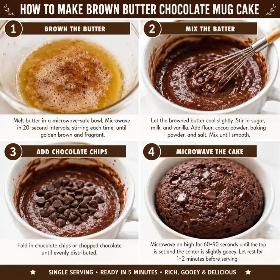 Brown Butter Chocolate Mug Cake step-by-step recipe infographic showing four preparation steps