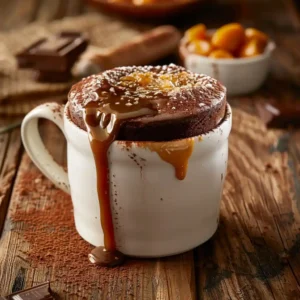 Caramel mug cake recipe with melted salted caramel center