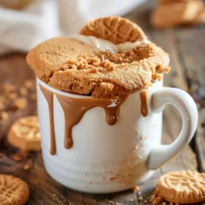 Cookie Butter Mug Cake served warm with cookie butter drizzle