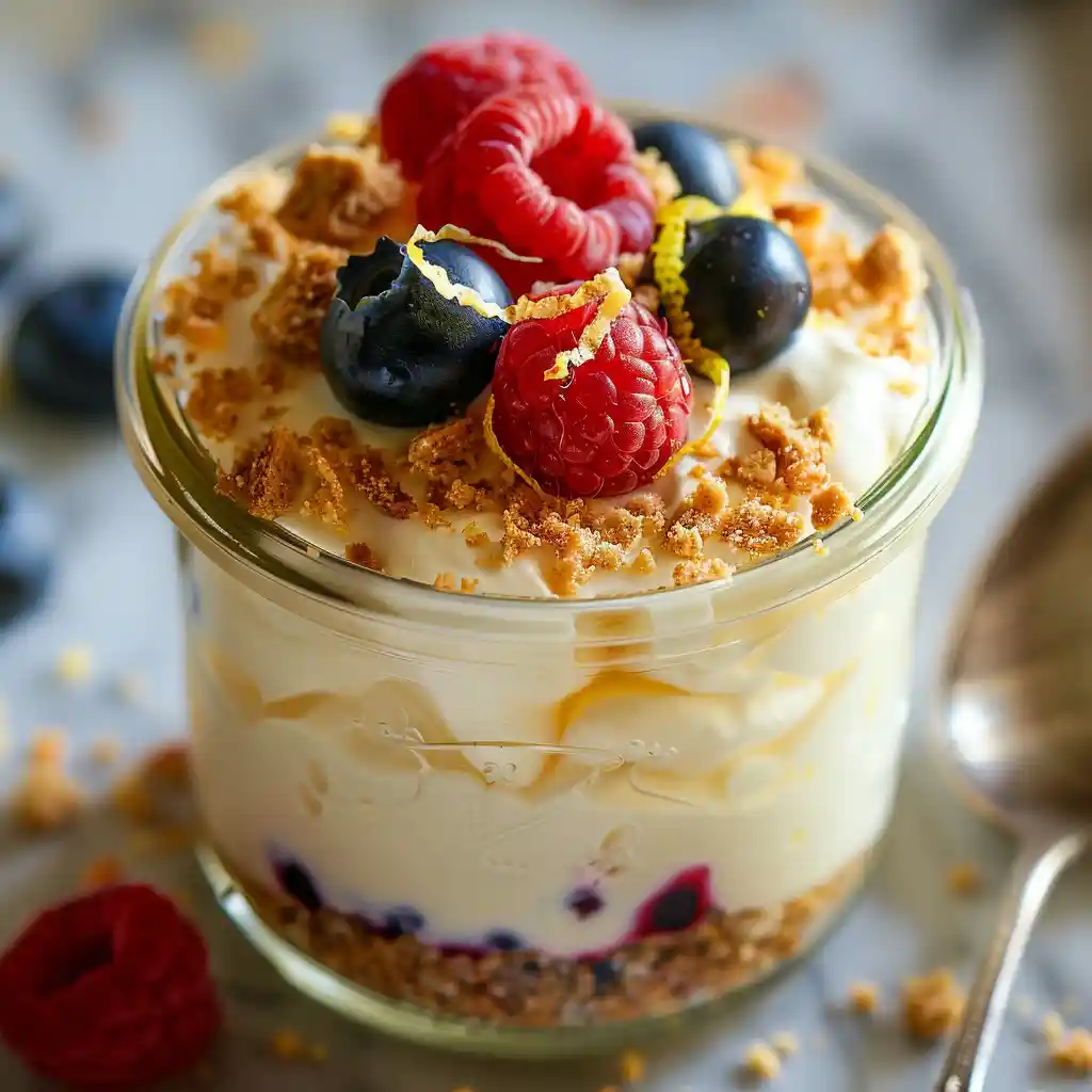 Cottage Cheese Mug Cake With Greek Yogurt topped with fresh berries