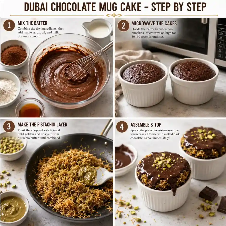 Dubai Chocolate Mug Cake step-by-step recipe showing mixing the batter, microwaving the cakes, making the pistachio kataifi layer, and assembling with melted dark chocolate