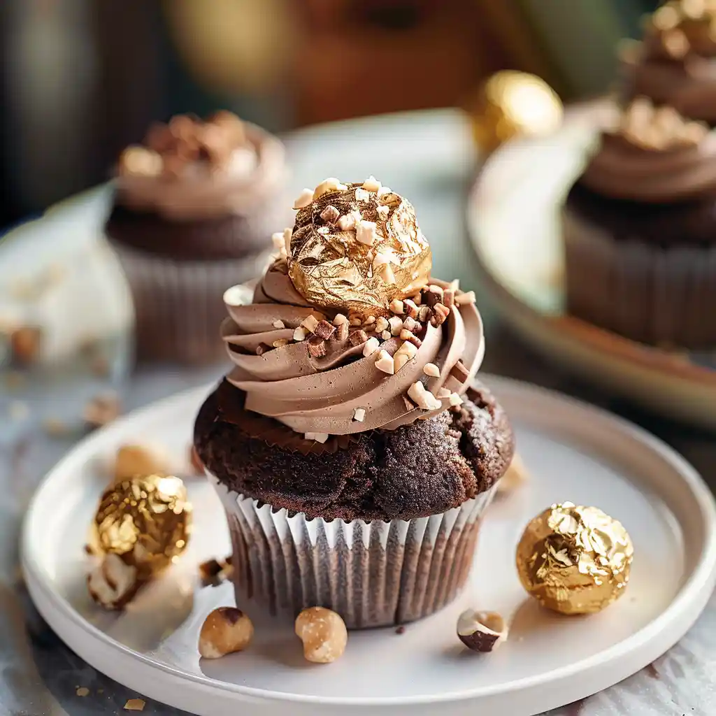 Ferrero Rocher Cupcakes with chocolate buttercream and hazelnuts