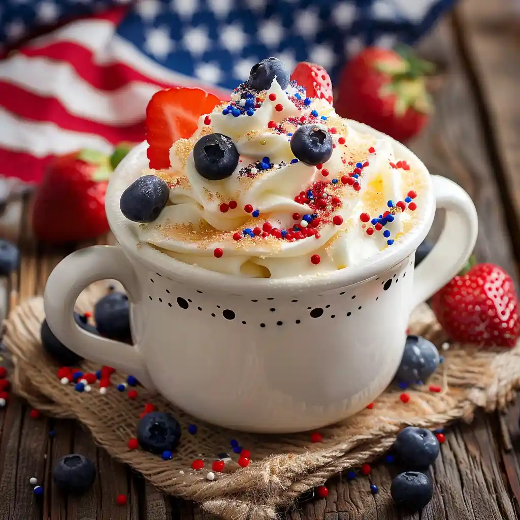 Independence Day Mug Cake with patriotic toppings