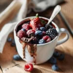Mixed Berry Mug Cake in a white mug with chocolate and frozen berries
