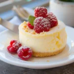 Mug cake cheesecake topped with fresh raspberries