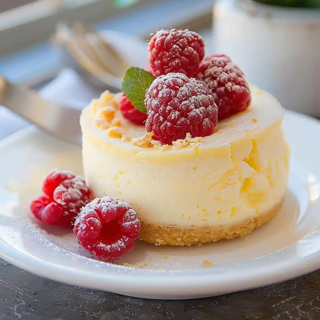 Mug cake cheesecake topped with fresh raspberries