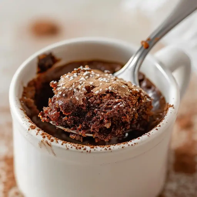 Close-up of mug cake light 100 calorie with soft chocolate texture