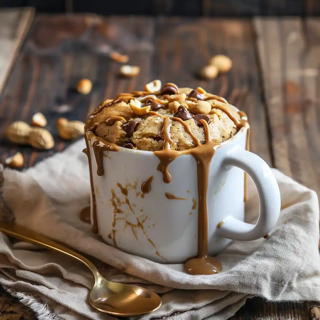 Peanut Butter Blondie Mug Cake with peanut butter drizzle