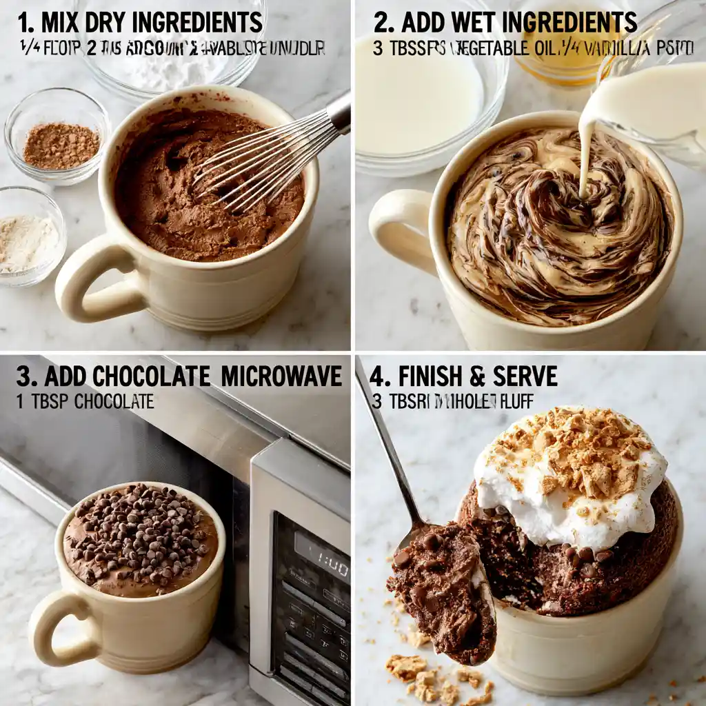 Steps for making S'mores Mug Cake with Marshmallow Fluff