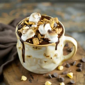 S'mores Mug Cake with Marshmallow Fluff in a microwave mug