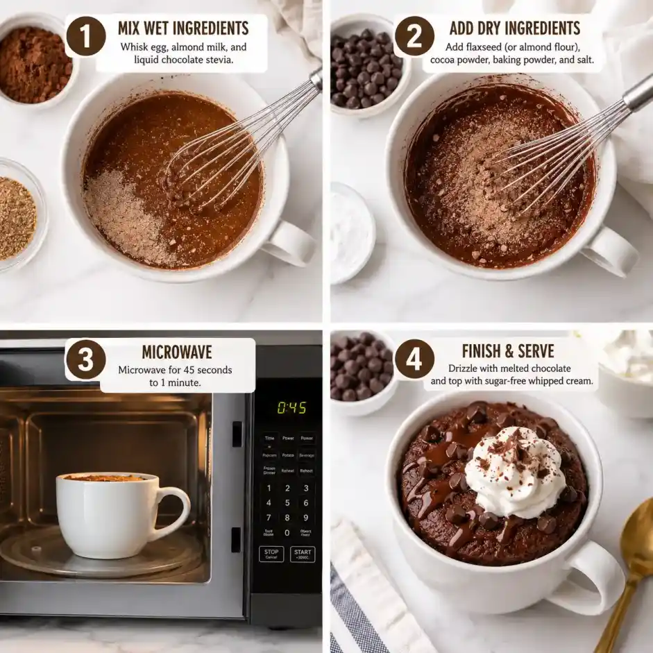 How to make Sugar-Free Chocolate Mug Cake step by step in four easy panels