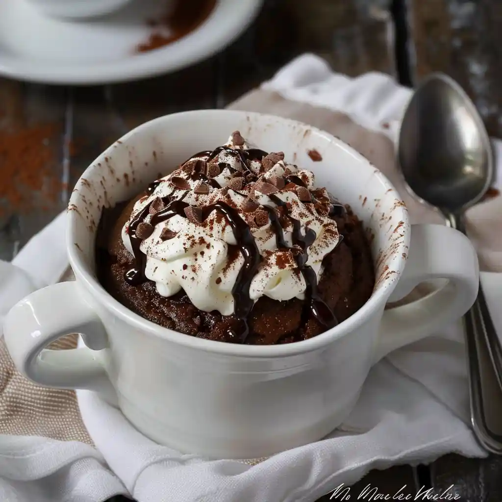 Sugar-Free Chocolate Mug Cake topped with sugar-free whipped cream