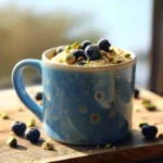 Berry and Pistachio Mug Cakes with blueberries and chopped pistachios